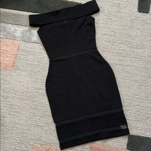 French Connection off the shoulder body con dress with sheer stripes size xxs